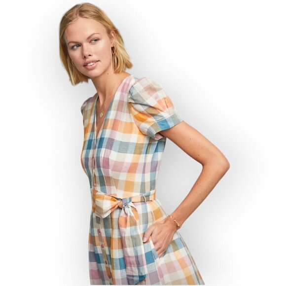 Gal Meets Glam Linen Puff Sleeve Plaid Midi Dress Pockets Tie Waist Size S - Picture 3 of 15